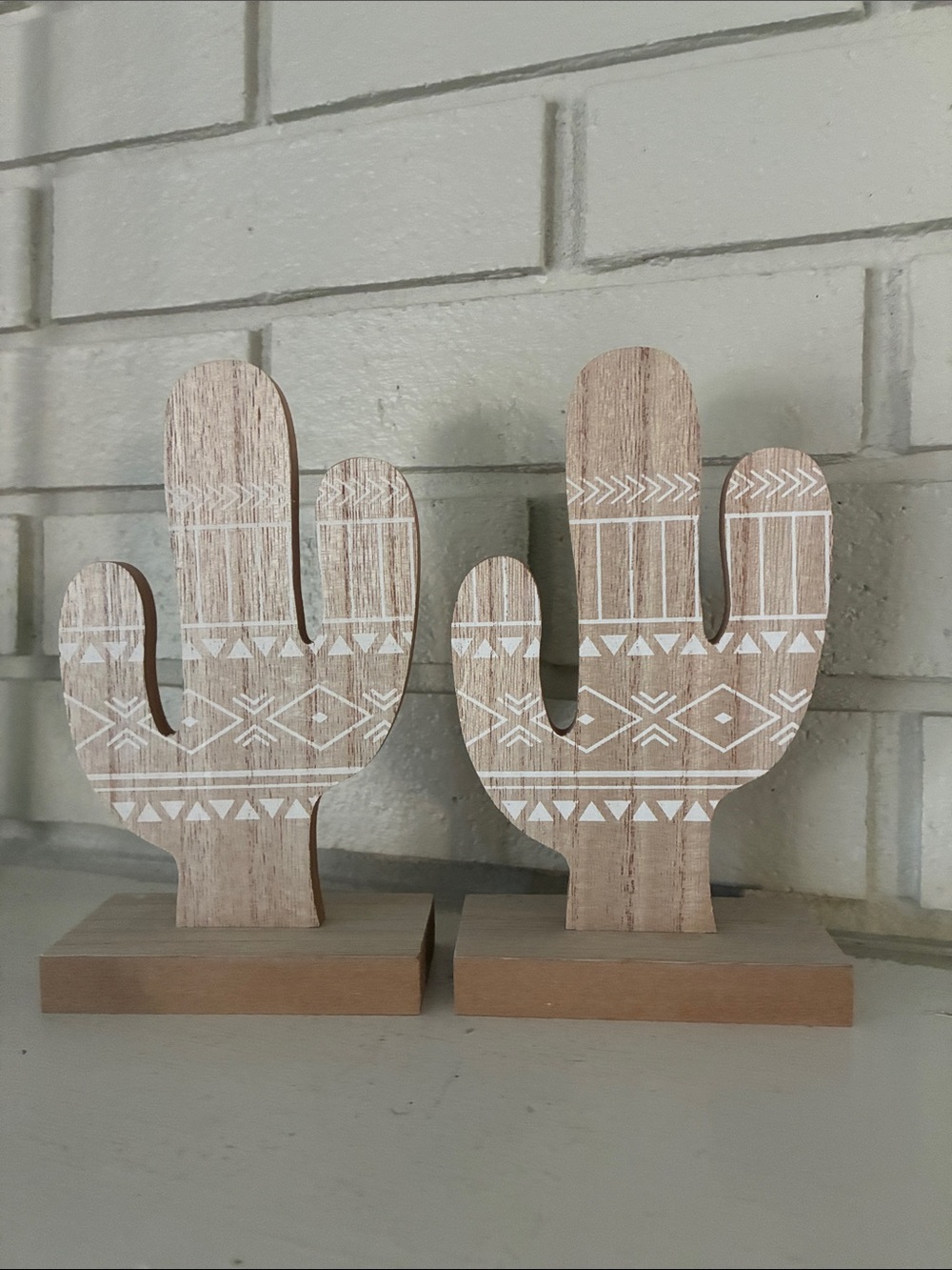 Neutral Wooden Cactus Decor Pair with White Aztec Pattern